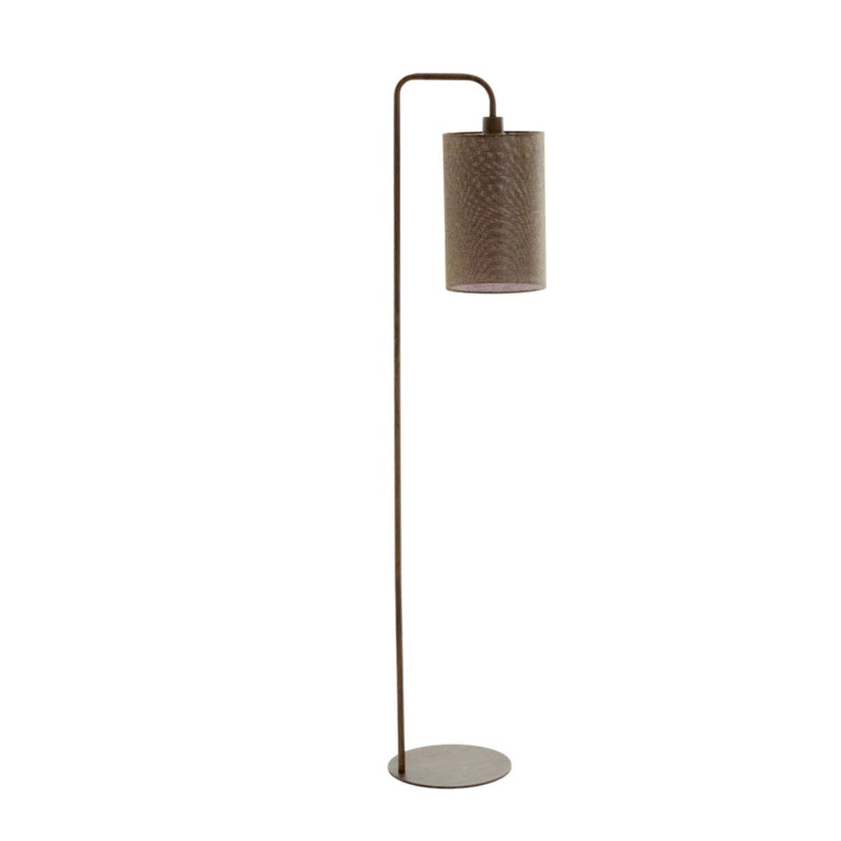 Staande lamp met bronzen metalen frame en cilindrische kap met patroon.