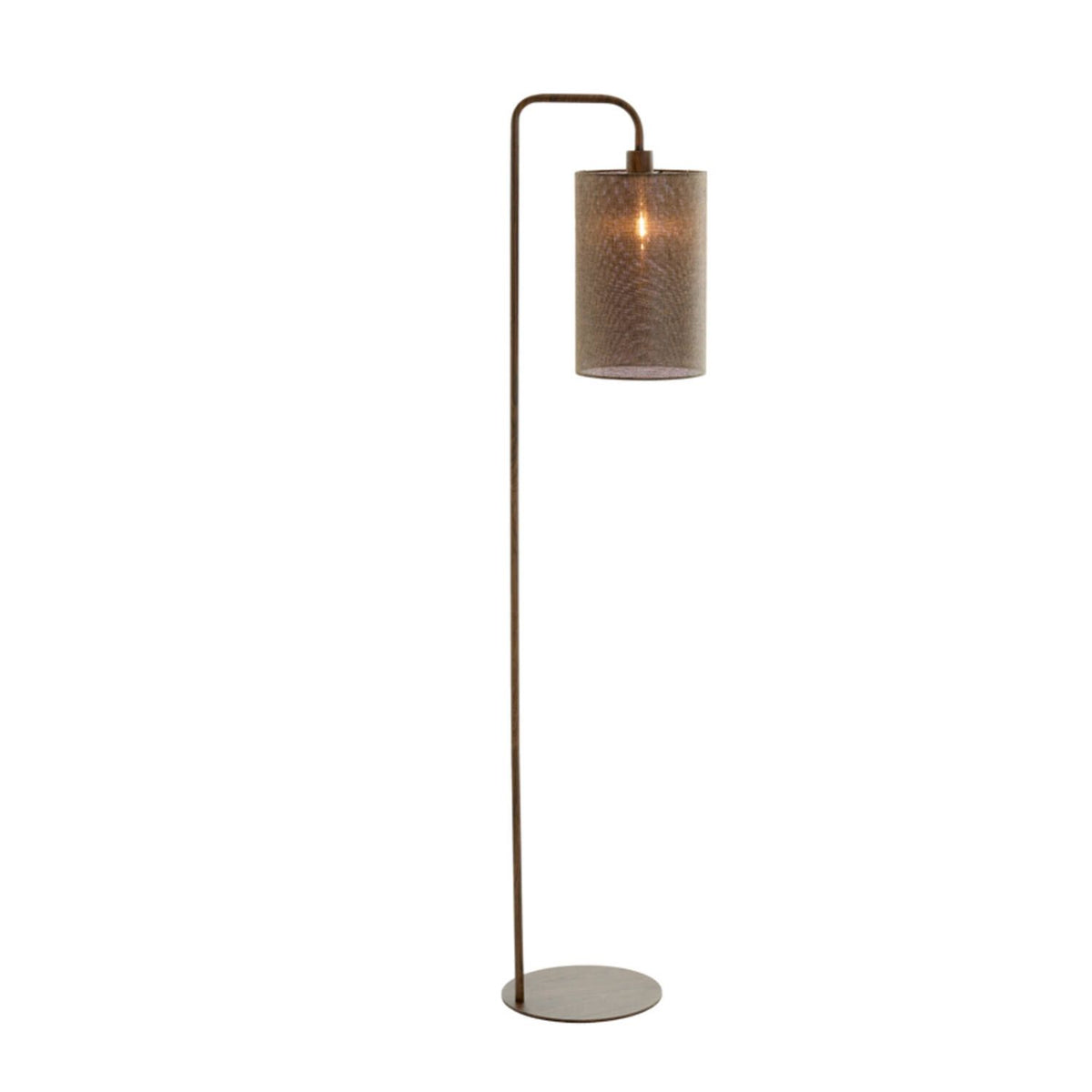 Hoge, bronzen vloerlamp met cilindrische, gespikkelde lampenkap.