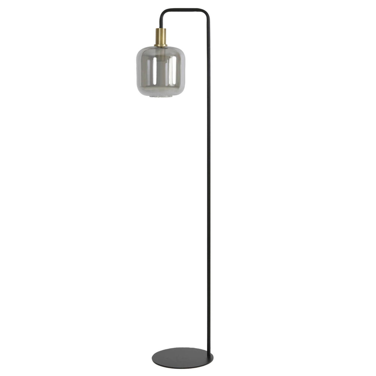 Zwarte vloerlamp met een ronde, grijze glazen kap, gouden accenten en een ronde voet.