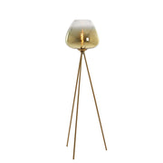 Goudkleurige vloerlamp met druppelvormige kap, rustend op drie slanke poten.