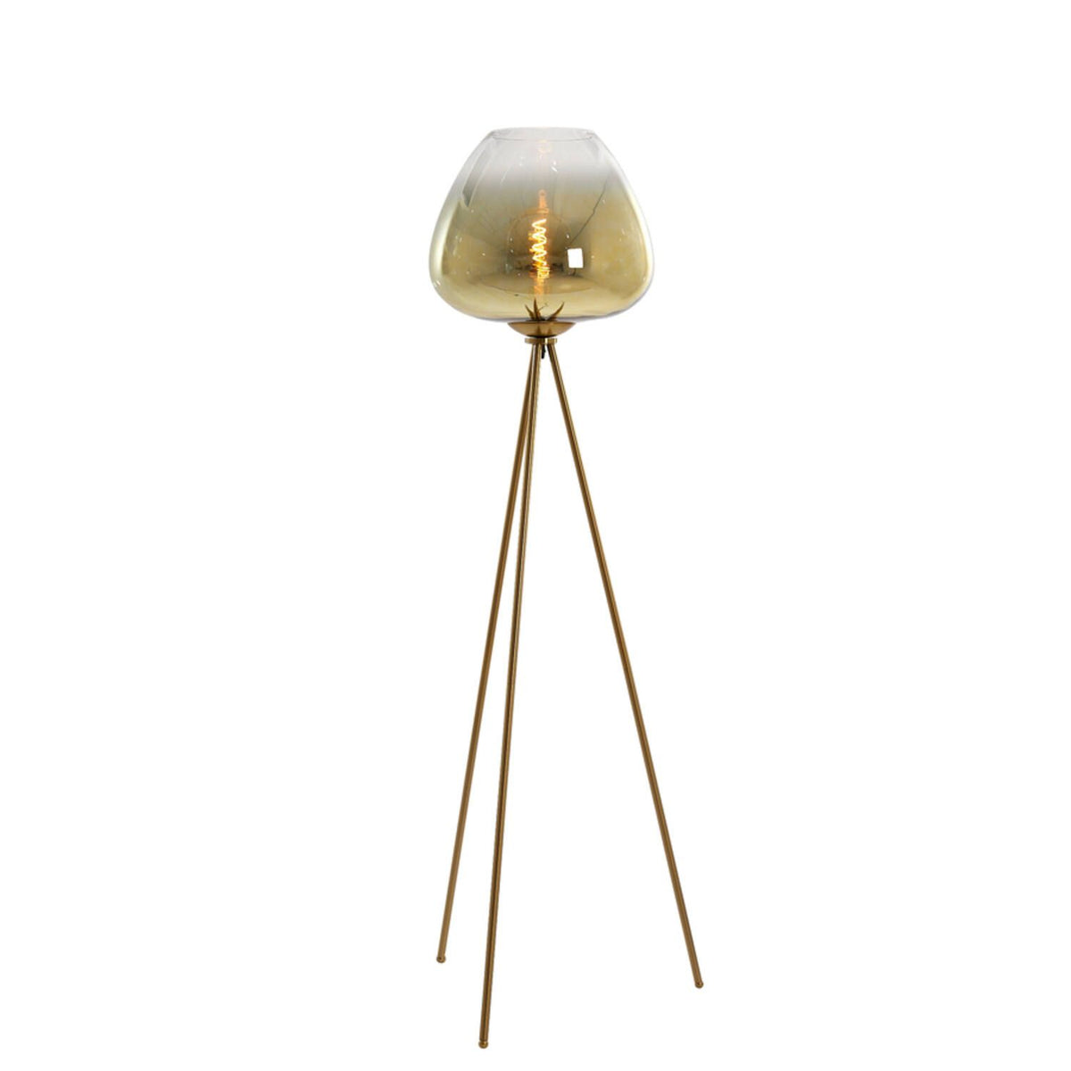 Goudkleurige vloerlamp met druppelvormige kap, rustend op drie slanke poten.