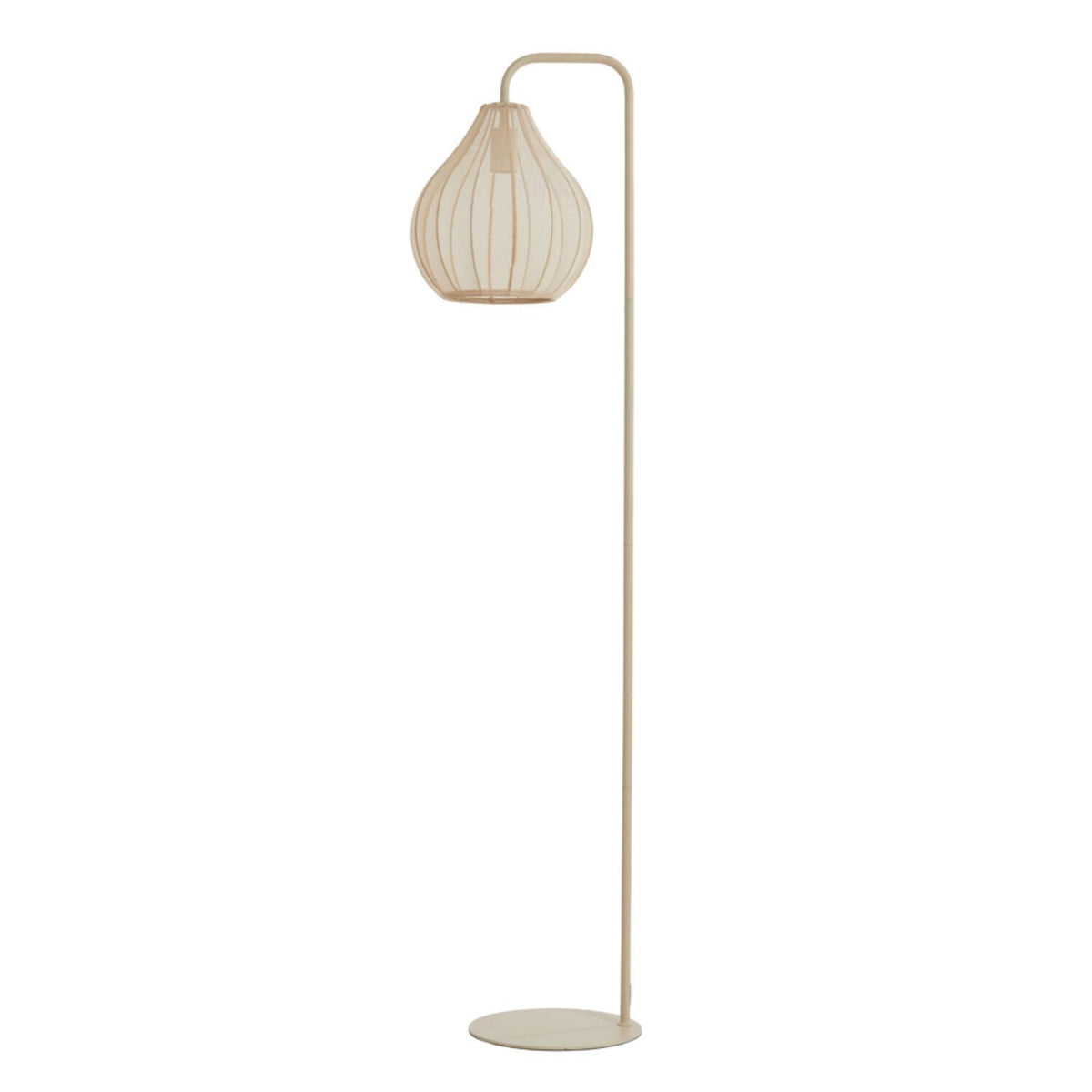Beige vloerlamp met een druppelvormige kap, geplaatst tegen een witte achtergrond.