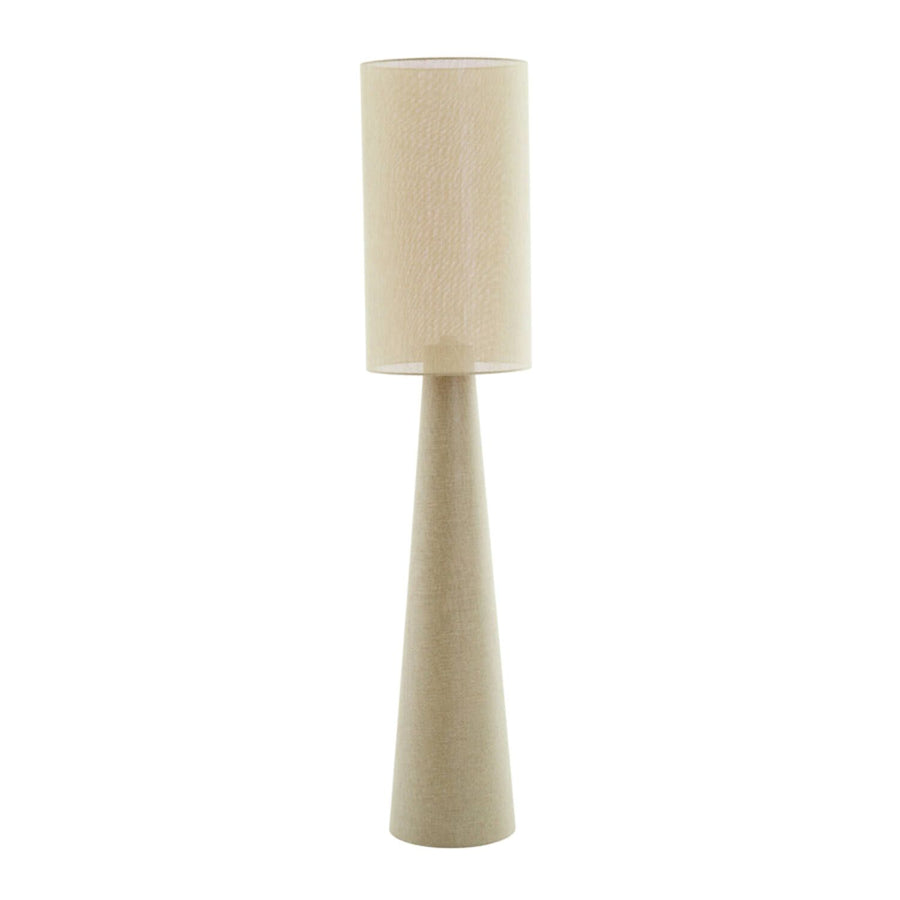 Beige vloerlamp met een cilindrische lampenkap en een taps toelopende voet.