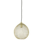 Gouden hanglamp van gaas, hangend aan een zwart snoer.