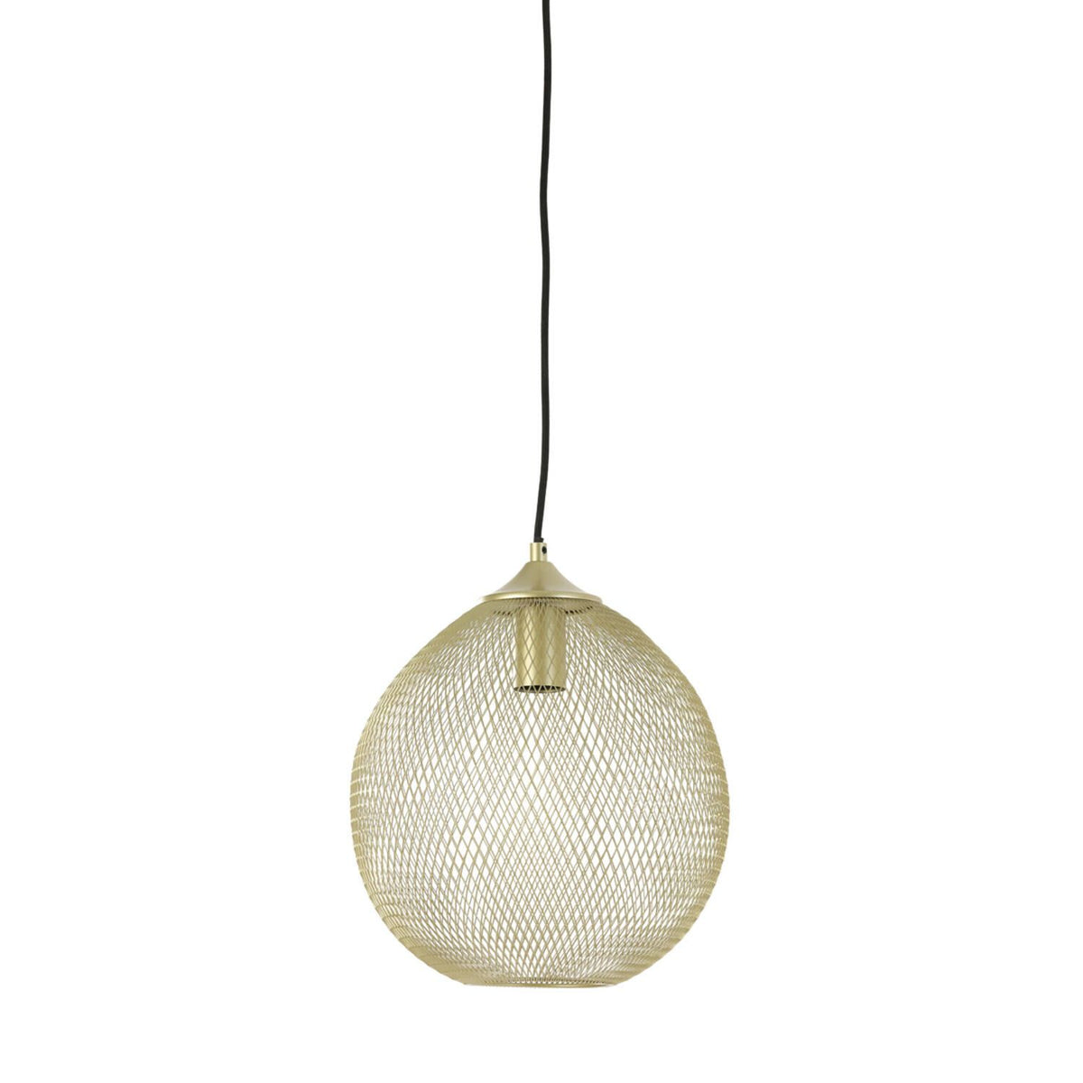 Gouden hanglamp van gaas, hangend aan een zwart snoer.