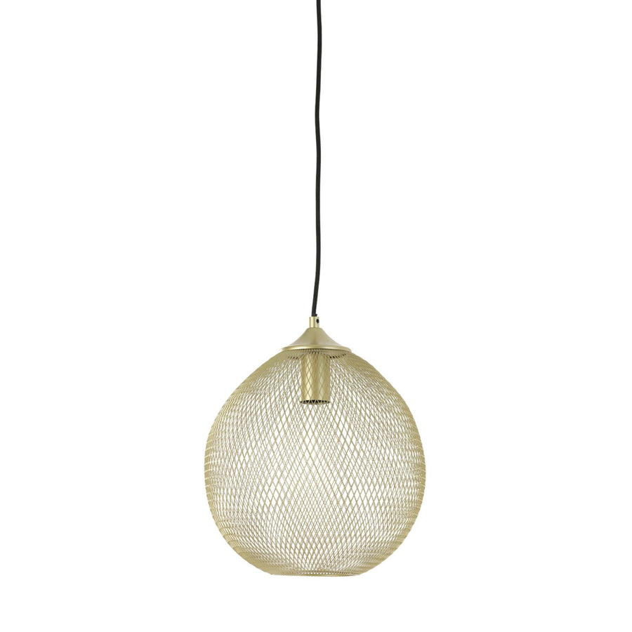 Gouden hanglamp van gaas, hangend aan een zwart snoer.