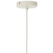Witte plafondlamp met ronde voet en snoer.