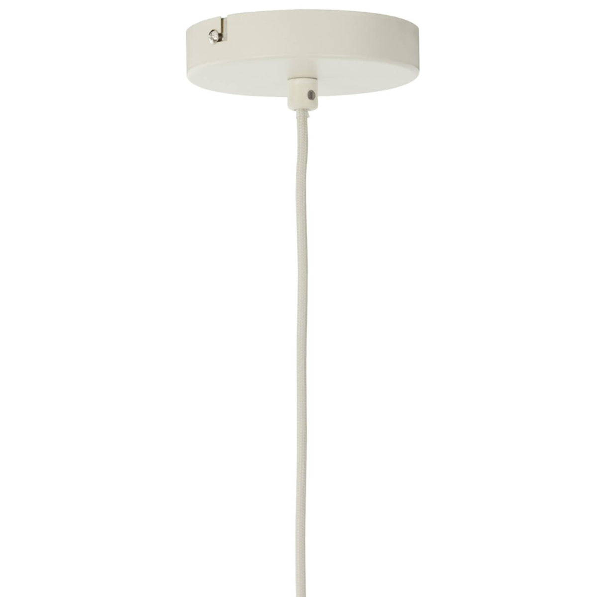 Witte plafondlamp met ronde voet en snoer.