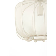 Crèmekleurige hanglamp met een geribbelde, halfdoorzichtige kap en één lichtbron.