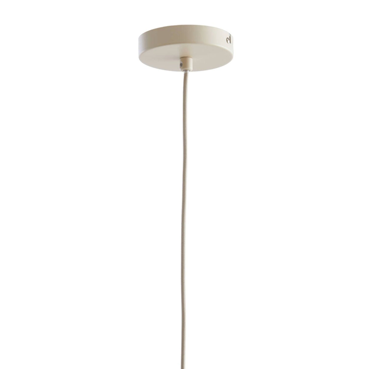 Crèmekleurige plafondlamp met ronde voet en een lang, dun snoer.