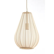 Crèmekleurige, druppelvormige hanglamp met verticale lijnen. Het snoer loopt vanaf de bovenkant naar buiten.