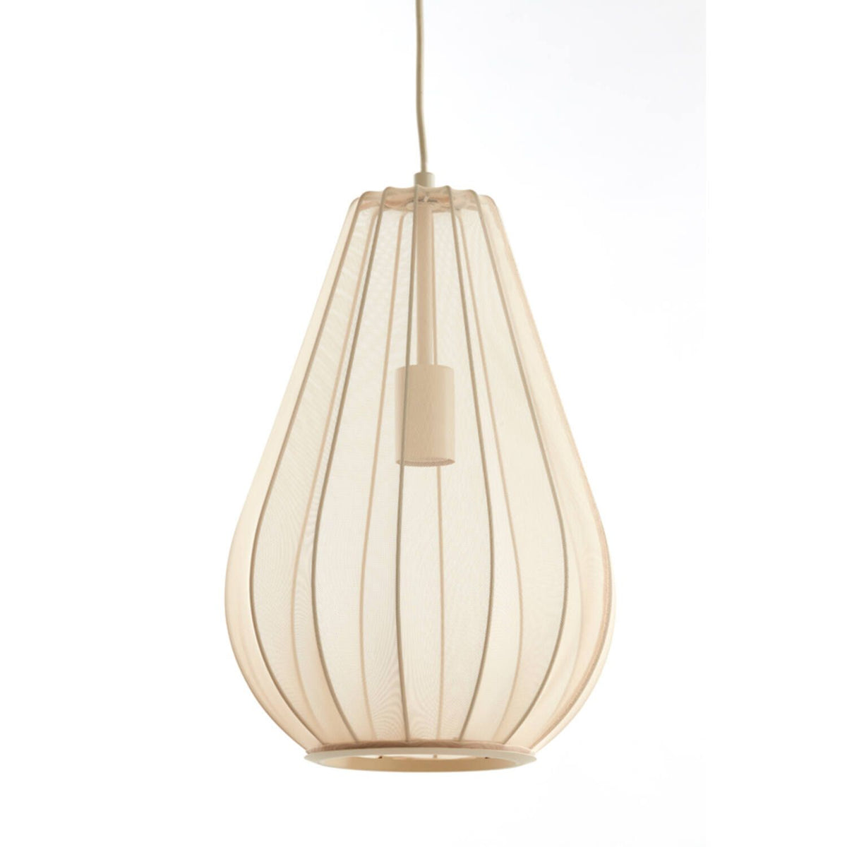Crèmekleurige, druppelvormige hanglamp met verticale lijnen. Het snoer loopt vanaf de bovenkant naar buiten.