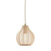 Beige, druppelvormige hanglamp met verticale lijnen, opgehangen aan een bijpassend snoer.