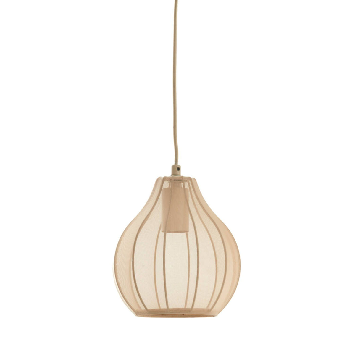 Beige, druppelvormige hanglamp met verticale lijnen, opgehangen aan een bijpassend snoer.