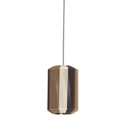 Hanglamp met cilindrische kap, omwikkeld met verticaal geweven garen in beige, lichtbruine en donkerbruine tinten.