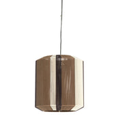 Cilindrische hanglamp met verticale strengen van bruin, wit en zwart garen.