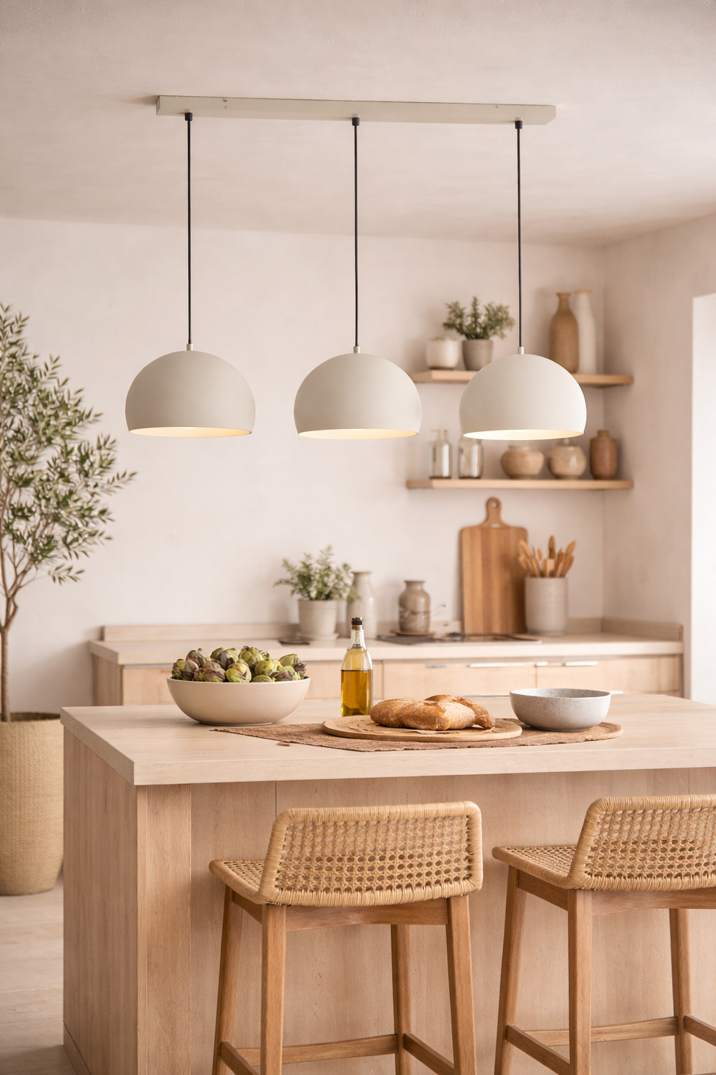 Moderne keuken met een kookeiland van licht hout, hanglampen en twee rieten barkrukken.