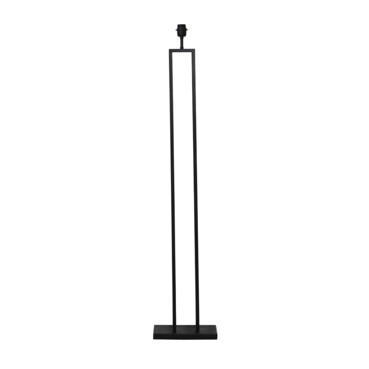 Zwarte, minimalistische vloerlamp met een vierkante voet en een open, rechthoekig frame.