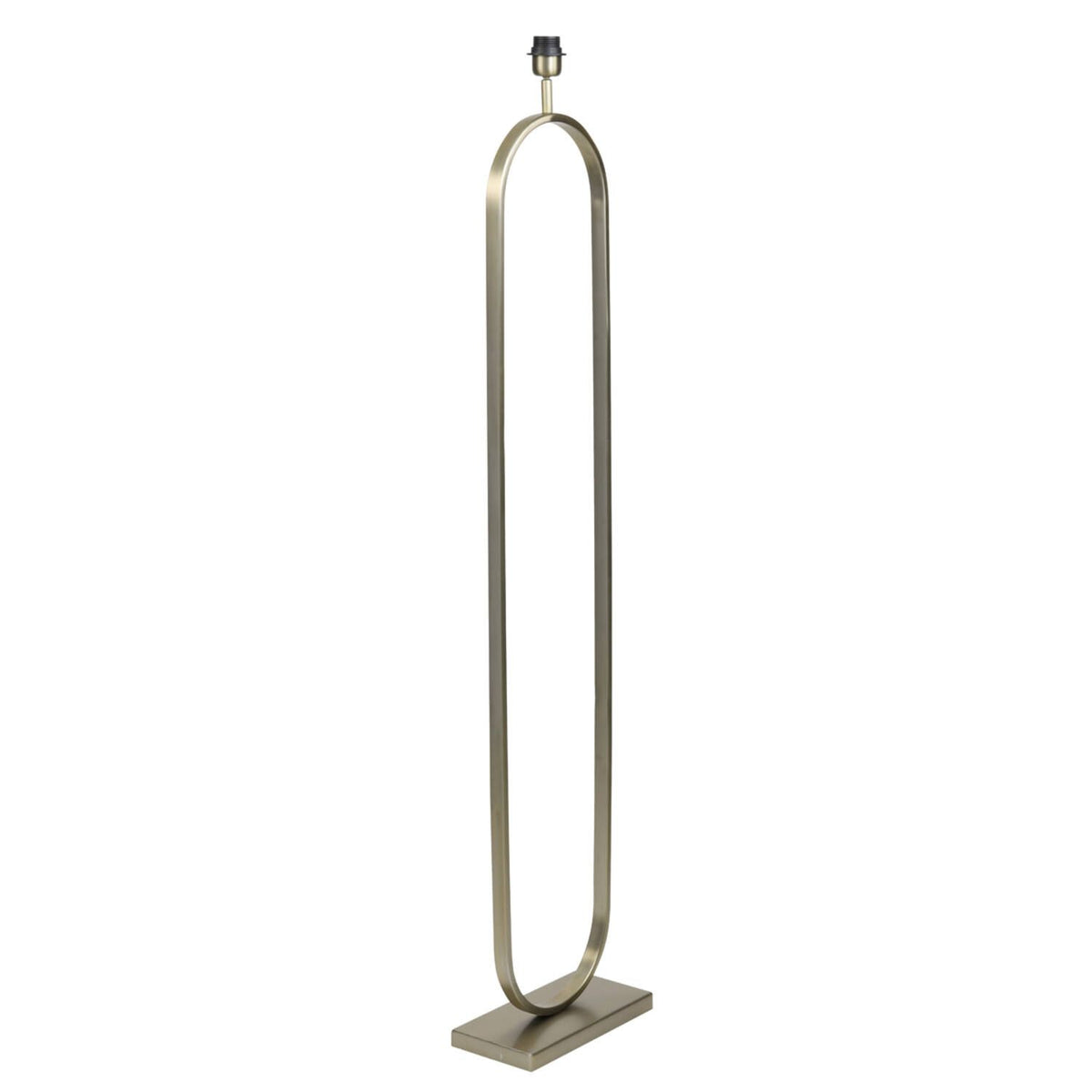 Zilverkleurige vloerlamp met ovale omlijsting en rechthoekige voet.
