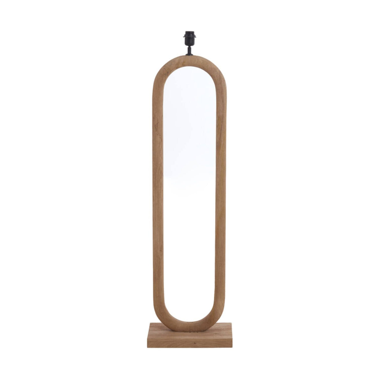 Houten vloerlamp met ovaal frame en zwarte lamphouder op een rechthoekige voet.