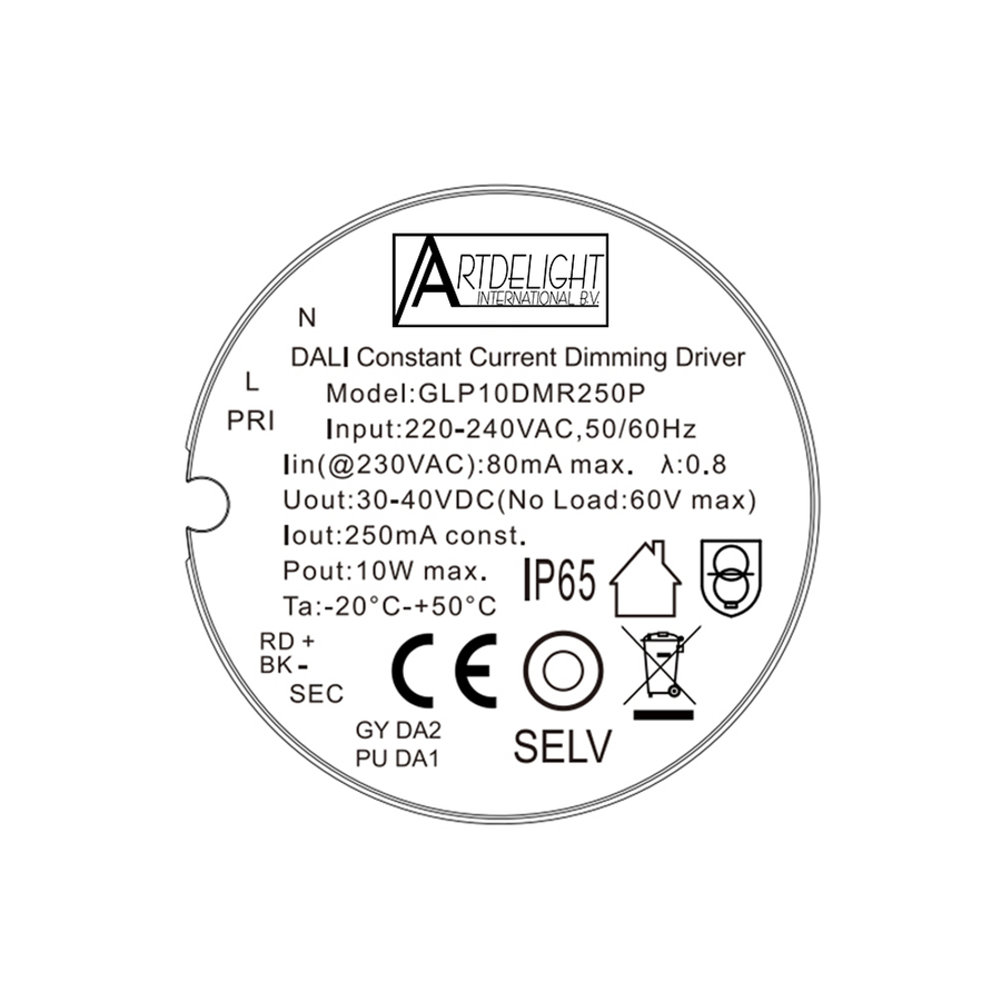 Artdelight GLP10DMR250P - Driver - Dali Dimbaar - IP65 Binnen/Badkamer/Buiten - 7,5-10W - Pro