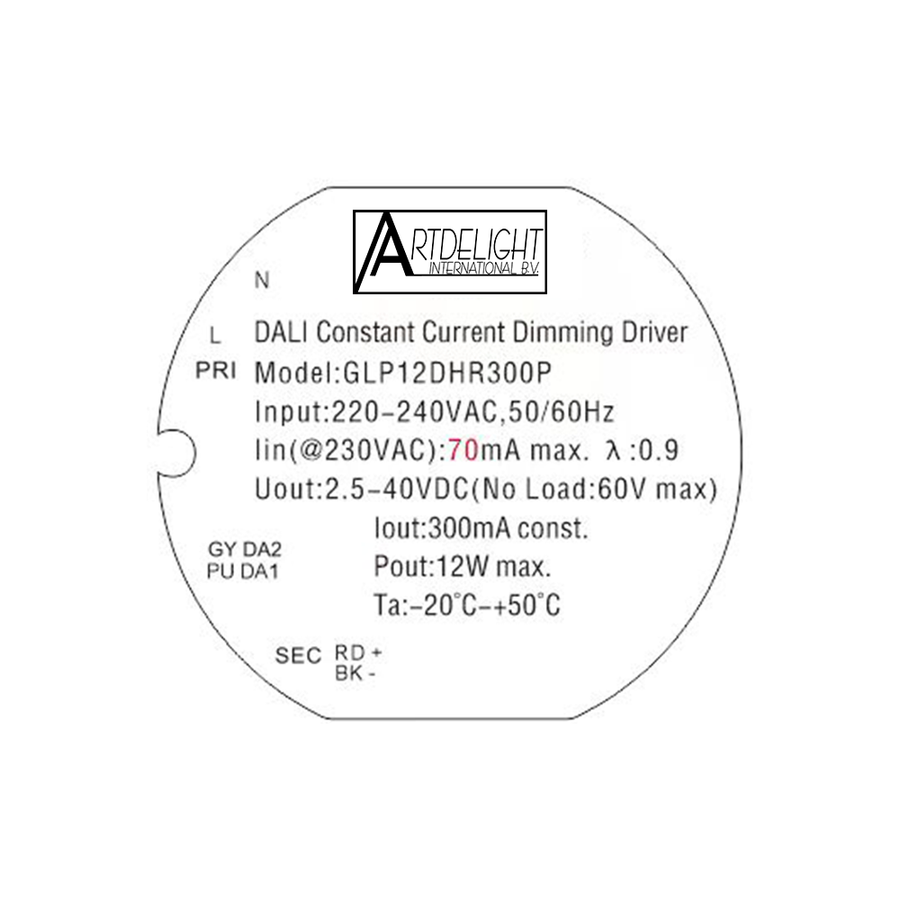 Artdelight GLP12DHR300P - Driver - Dali Dimbaar - IP65 Binnen/Badkamer/Buiten - 0,75-12W - Pro
