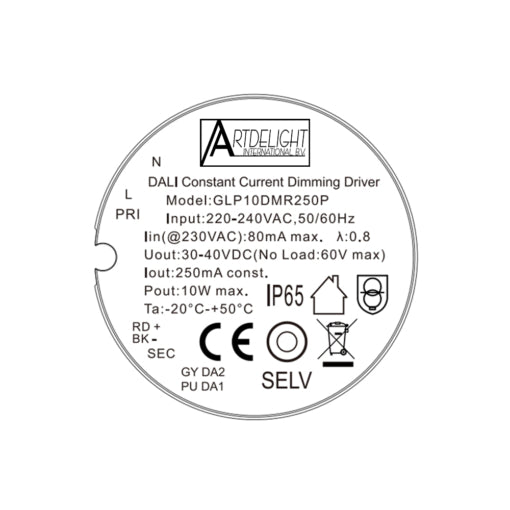 Artdelight GLP10DMR250P - Driver - Dali Dimbaar - IP65 Binnen/Badkamer/Buiten - 7,5-10W - Pro