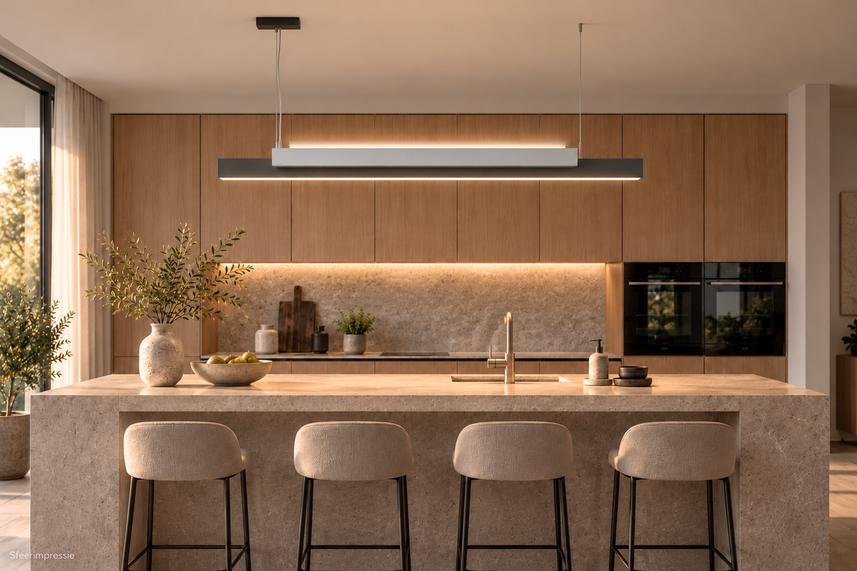 Sfeerimpressie: Intra Lighting Mocca SDI boven een kookeiland met compacte zwarte plafondkap bij de linker pendel
