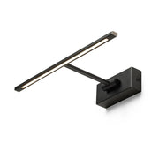 Zwarte LED schilderijlamp met slanke horizontale lichtbalk, verstelbare arm en rechthoekige wandplaat voor het verlichten van kunstwerken.