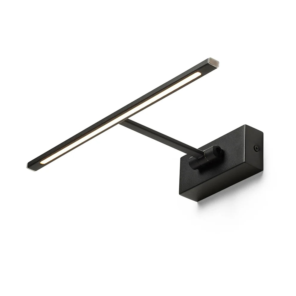Zwarte LED schilderijlamp met slanke horizontale lichtbalk, verstelbare arm en rechthoekige wandplaat voor het verlichten van kunstwerken.