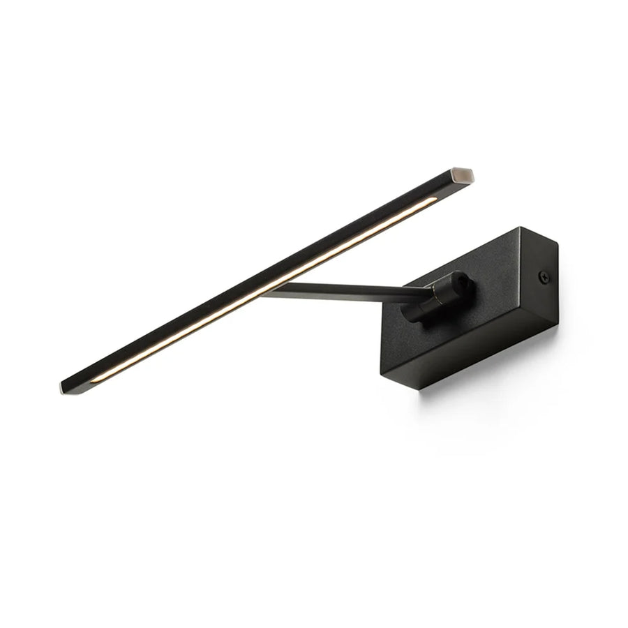 Zwarte LED schilderijlamp met slanke horizontale lichtbalk, verstelbare arm en rechthoekige wandplaat voor het verlichten van kunstwerken.